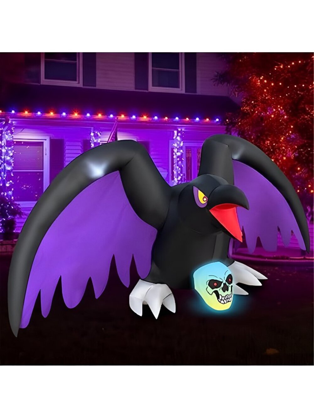 BLOWOUT FUN 6FT Halloween Inflatable Crow Skeleton with RGB Lights Decor